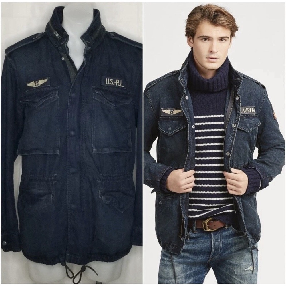 Polo Ralph Lauren Military Denim Field Jacket Hooded US RL Flag Utility Mens M - Picture 3 of 13